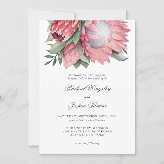 King Protea Watercolor Floral Wedding Invitation (Front)