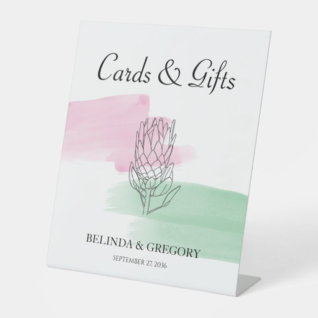 King Protea Watercolor Wedding Cards & Gifts Pedestal Sign (Front)