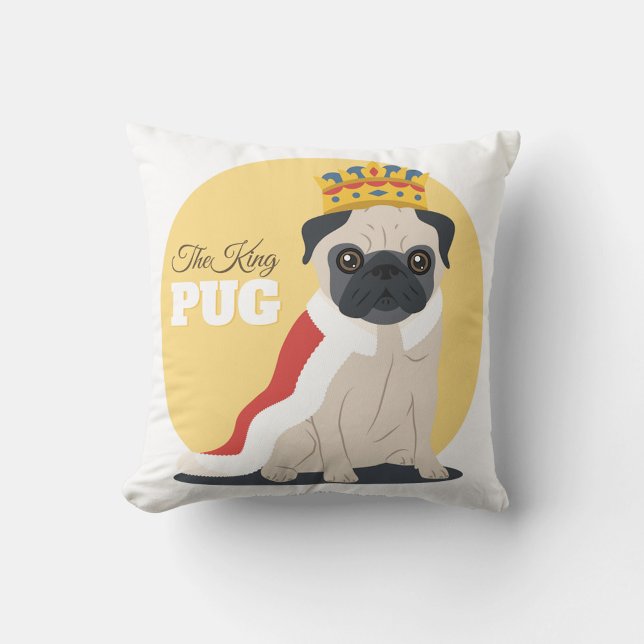 King Pug Throw Pillow (A square throw pillow features a cartoon illustration of a pug wearing a crown!)