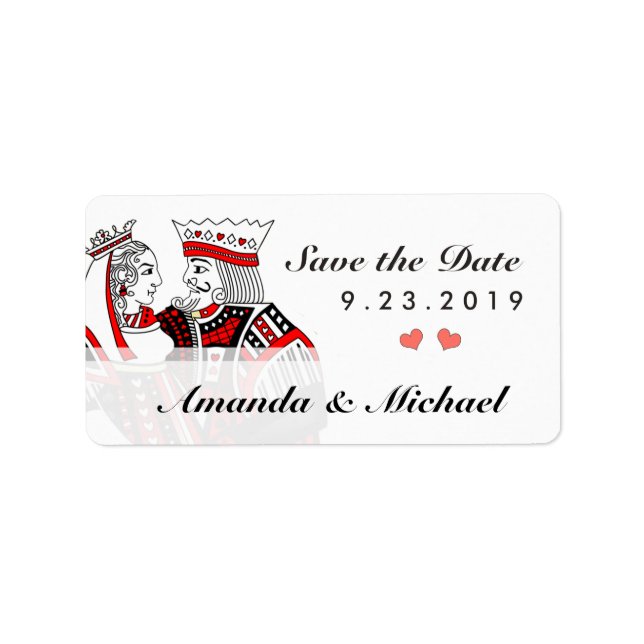 King & Queen Playing Cards Save the Date Label (Front)