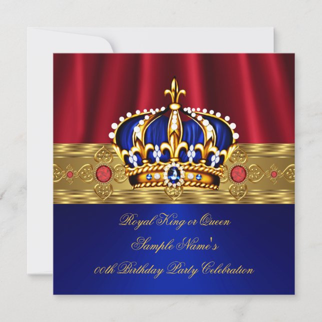King Queen Red Crown Royal Blue Gold Birthday 5 Invitation (Front)