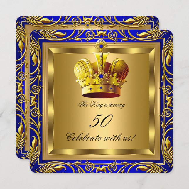 King Queen Royal Blue Gold Elite Birthday Party Invitation (Front/Back)