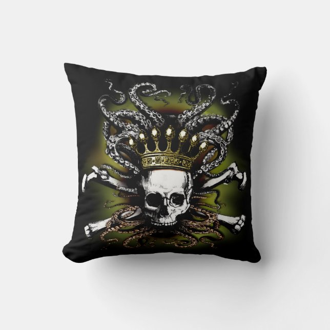 King Squid Skull Throw Pillow (Front)