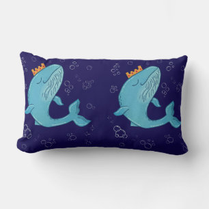 King Whale with Crown   Whimsical Ocean Folk Art Lumbar Pillow