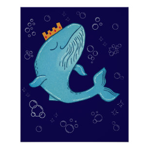 King Whale with Crown Whimsical Ocean Folk Art Poster