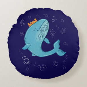 King Whale with Crown   Whimsical Ocean Folk Art Round Pillow