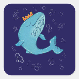 King Whale with Crown   Whimsical Ocean Folk Art  Square Sticker