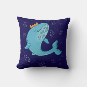 King Whale with Crown   Whimsical Ocean Folk Art  Throw Pillow