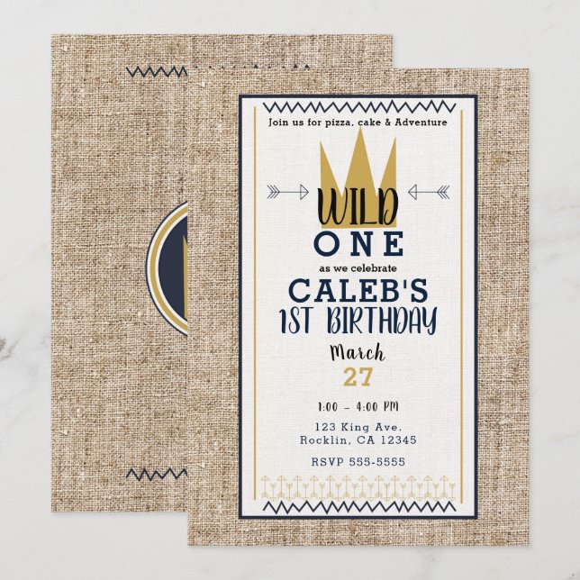 King Wild ONE Thing Gold Crown 1ST Birthday Party Invitation (Front/Back)