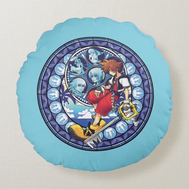 Kingdom Hearts | Blue Stained Glass Key Art Round Pillow (Front)