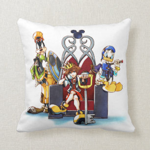 Kingdom Hearts   Sora, Donald, & Goofy On Throne Throw Pillow