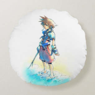Kingdom Hearts Sora On Beach Watercolor Round Pillow