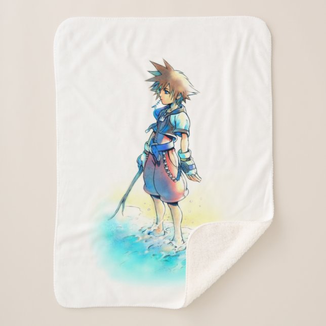 Kingdom Hearts | Sora On Beach Watercolor Sherpa Blanket (Front)