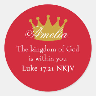 Kingdom of God Bible Verse Name and Crown Red Classic Round Sticker