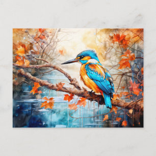 Kingfisher above pond in painterly style holiday postcard