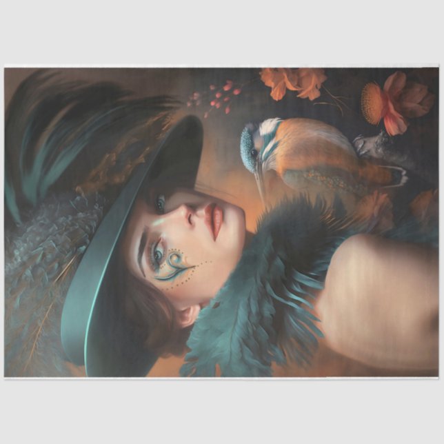 Kingfisher Beautiful Woman's Face & Hat Portrait Tissue Paper (Front)