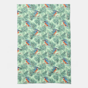 Kingfisher. Bird and leaves Kitchen Towel