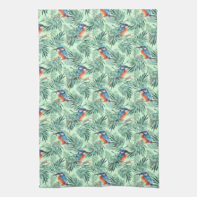 Kingfisher. Bird and leaves Kitchen Towel (Vertical)