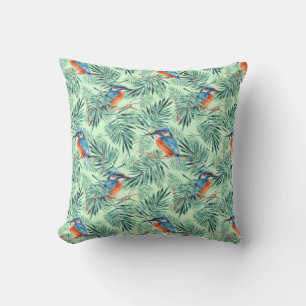 Kingfisher. Bird and leaves Throw Pillow