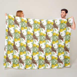 Kingfisher Bird and Yellow Roses White  Fleece Blanket