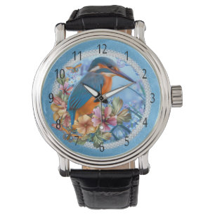 Kingfisher Bird Art Vintage Leather Strap Watch