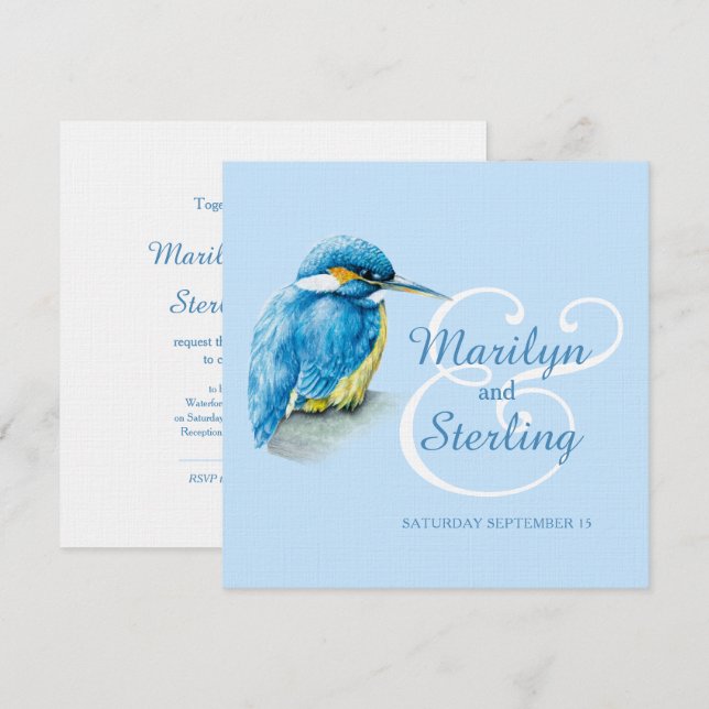 Kingfisher bird blue and white square wedding invitation (Front/Back)