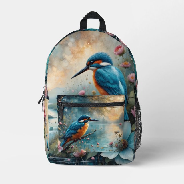 Kingfisher bird over water and Roses Printed Backpack (Front)