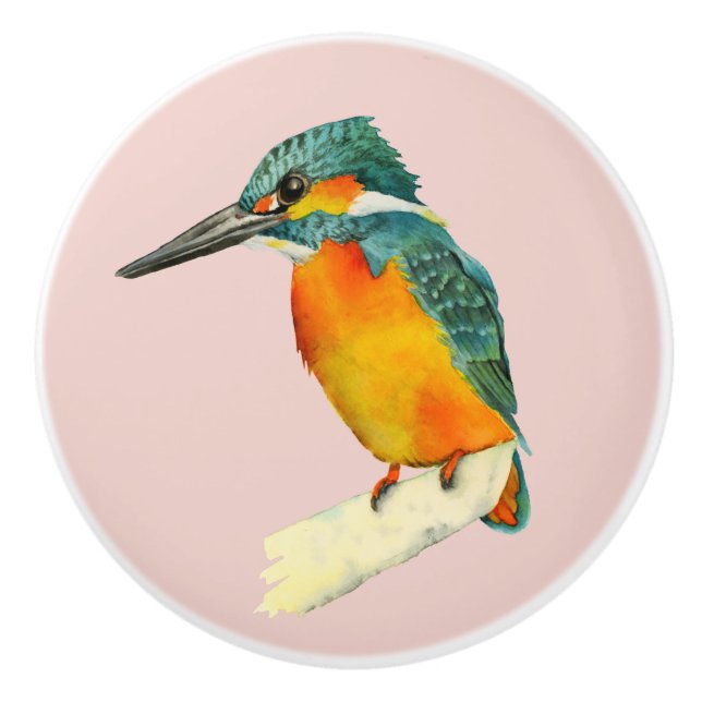 Kingfisher Bird Watercolor Painting Ceramic Knob (Front)