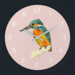 Kingfisher Bird Watercolor Painting Large Clock<br><div class="desc">This is a watercolor painting of a kingfisher bird. It is sitting on the edge of a branch. The bird has bright colours. Orange and yellow on his belly and green on his head and wings. He is looking sideways.</div>