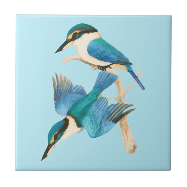 Kingfisher Birds Watercolor Blue Tile (Front)