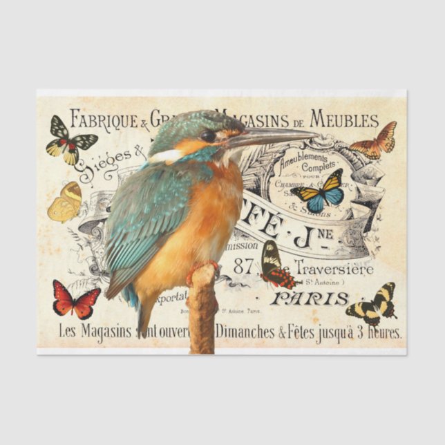 Kingfisher & Butterflies Old French Ad Decoupage 2 Tissue Paper (Front)