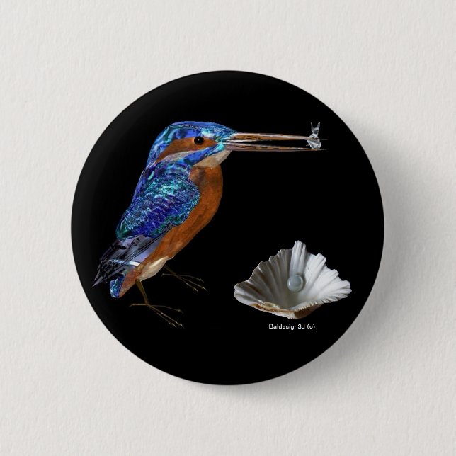 KINGFISHER  , Electric Blue, Black 2 Inch Round Button (Front)