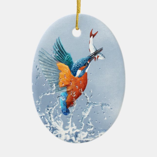 Kingfisher flying out of the water ceramic ornament (Front)