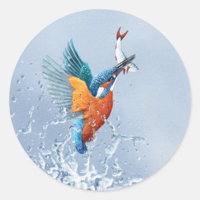 Kingfisher flying out of the water classic round sticker (Front)