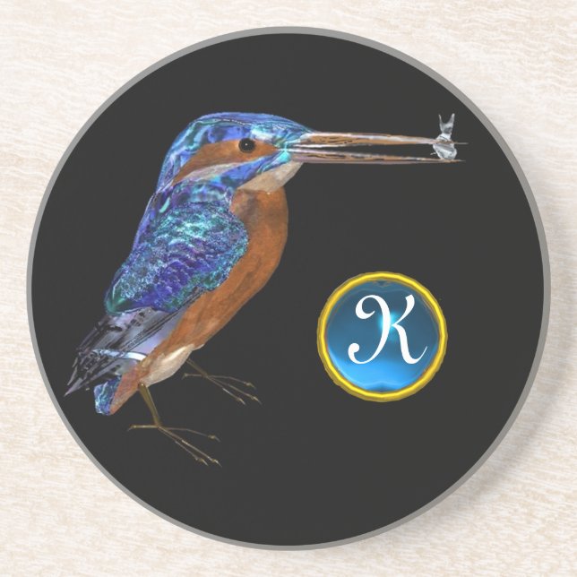 KINGFISHER  MONOGRAM ,Blue Sapphire, Black Coaster (Front)