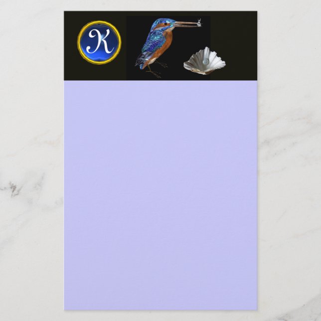 KINGFISHER  MONOGRAM , Blue Sapphire, Black Stationery (Front)