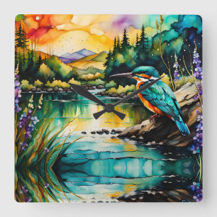 Kingfisher Mountains, Water and Wildflowers Square Wall Clock