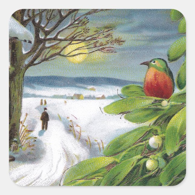 Kingfisher on Mistletoe Vintage New Year Square Sticker (Front)