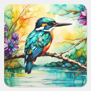 Kingfisher over Water and Wildflowers Square Sticker