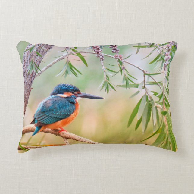Kingfisher Perched on Branch Accent Pillow (Front)