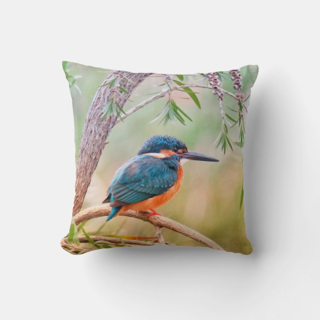 Kingfisher Perched on Branch Throw Pillow (Front)
