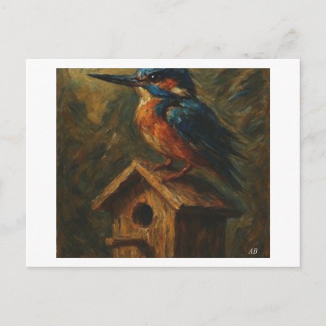 Kingfisher Perched on Old Birdhouse,  Postcard (Front)