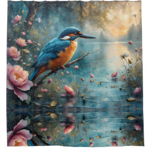 Kingfisher perched over water pink flowers