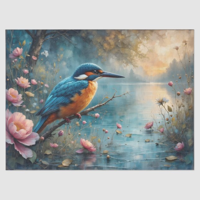 Kingfisher perched over water pink flowers tissue paper (Front)