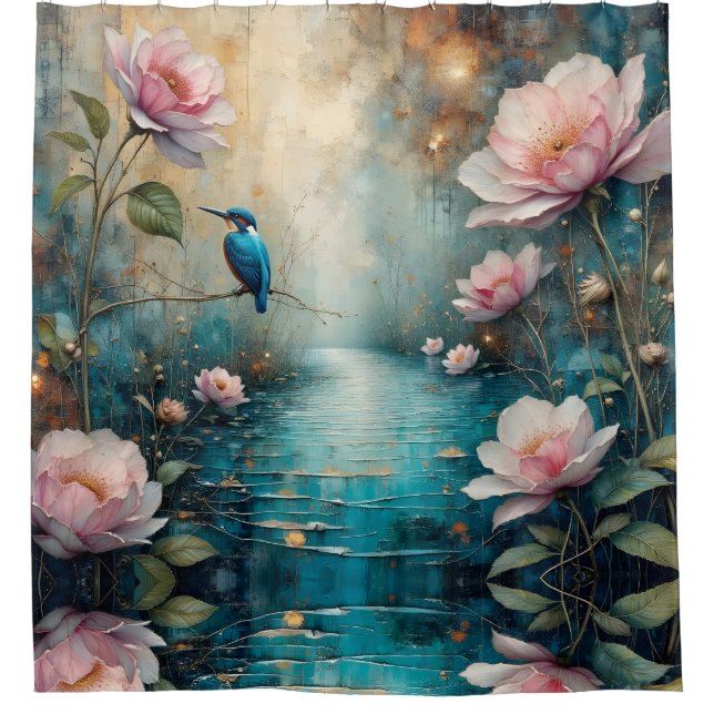 Kingfisher perched over water Pink Roses (Front)