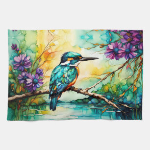 Kingfisher perched over water Wildflowers Kitchen Towel