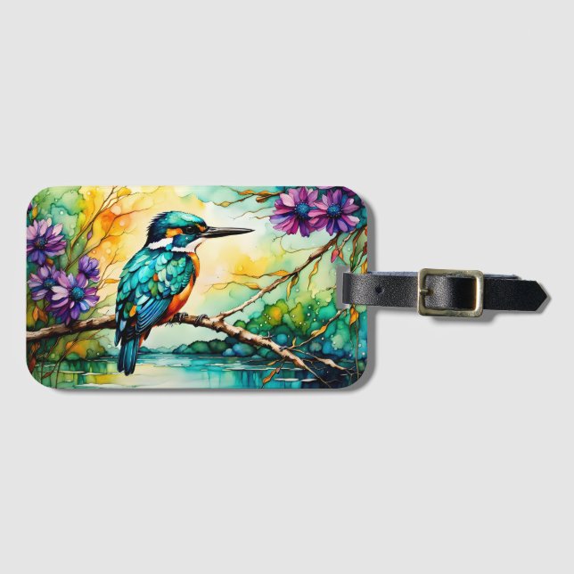 Kingfisher perched over water Wildflowers  Luggage Tag (Front Horizontal)