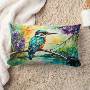 Kingfisher perched over water Wildflowers Lumbar Pillow