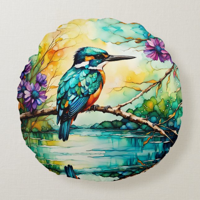Kingfisher perched over water Wildflowers  Round Pillow (Front)