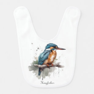 Kingfisher sitting on a branch in water colour bib
